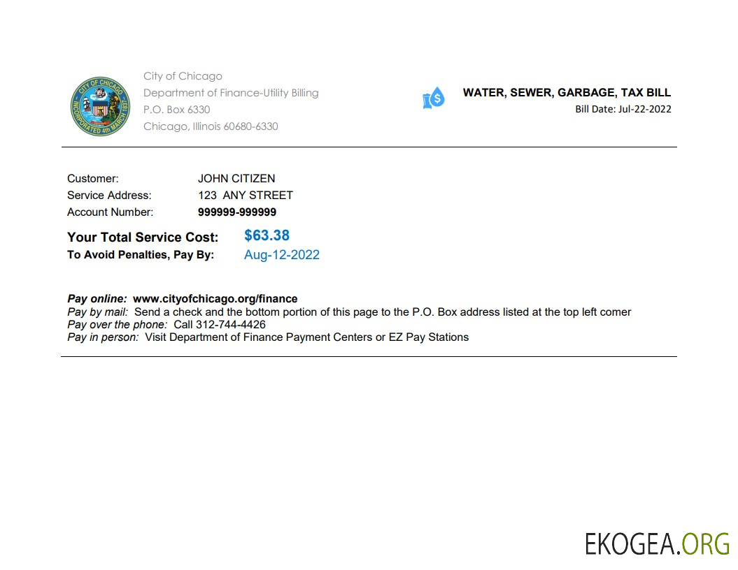 USA Illinois Chicago water, sewer, garbage, tax bill Word and PDF template